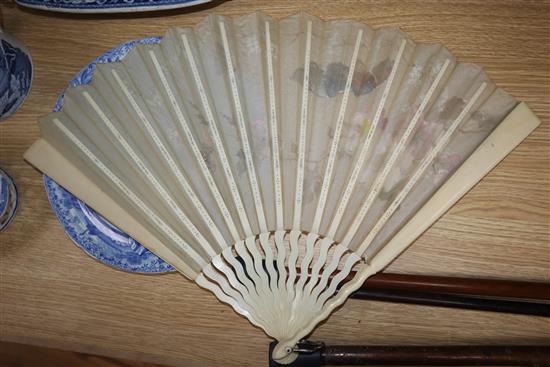 A boxed ivory fan, three other fans and a quantity of ladys gloves